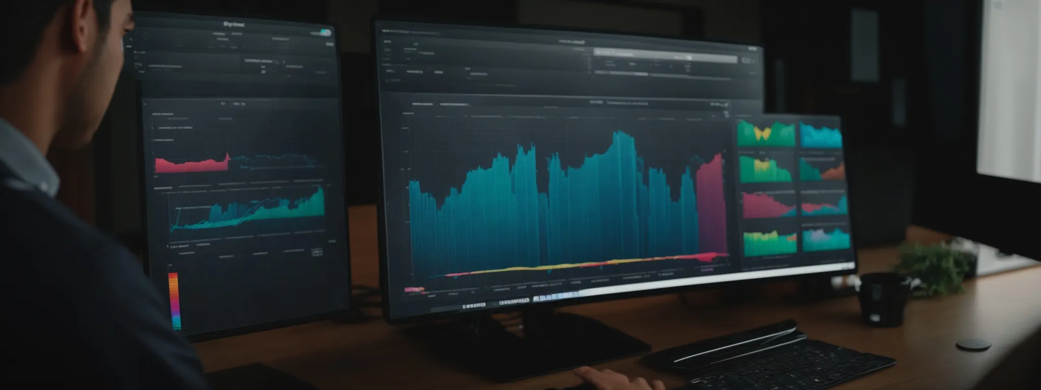 an entrepreneur reviews colorful charts on a screen displaying product performance metrics.