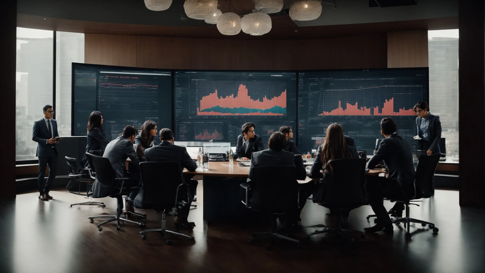 a group of professionals brainstorming around a conference table with a large computer screen displaying graph analytics.