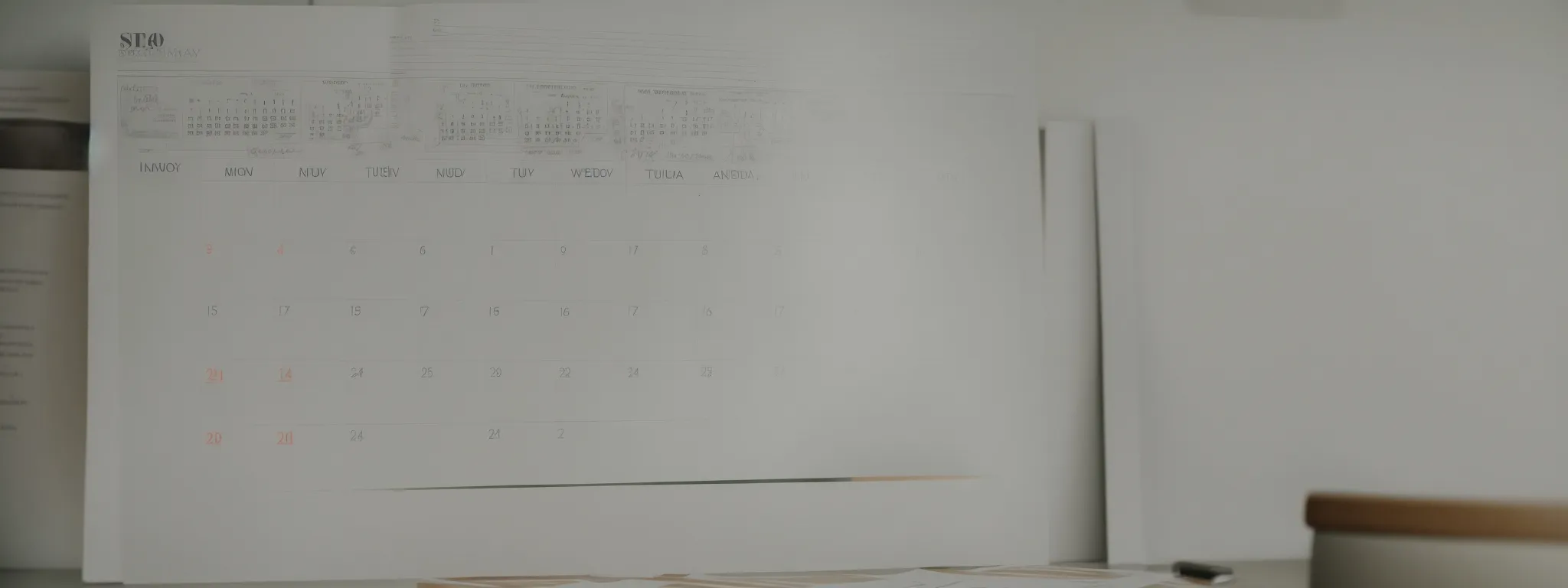 a calendar with marked dates on a desk surrounded by seo strategy documents.
