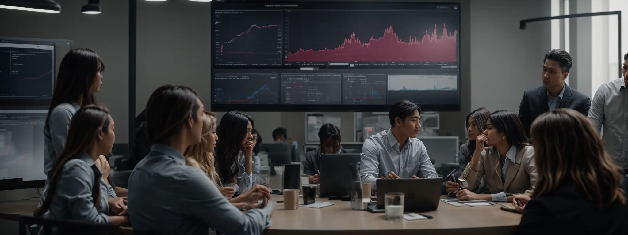 a modern marketing team reviews analytics on a large screen showing the uptrend in brand engagement following their latest integrated advertising campaign.