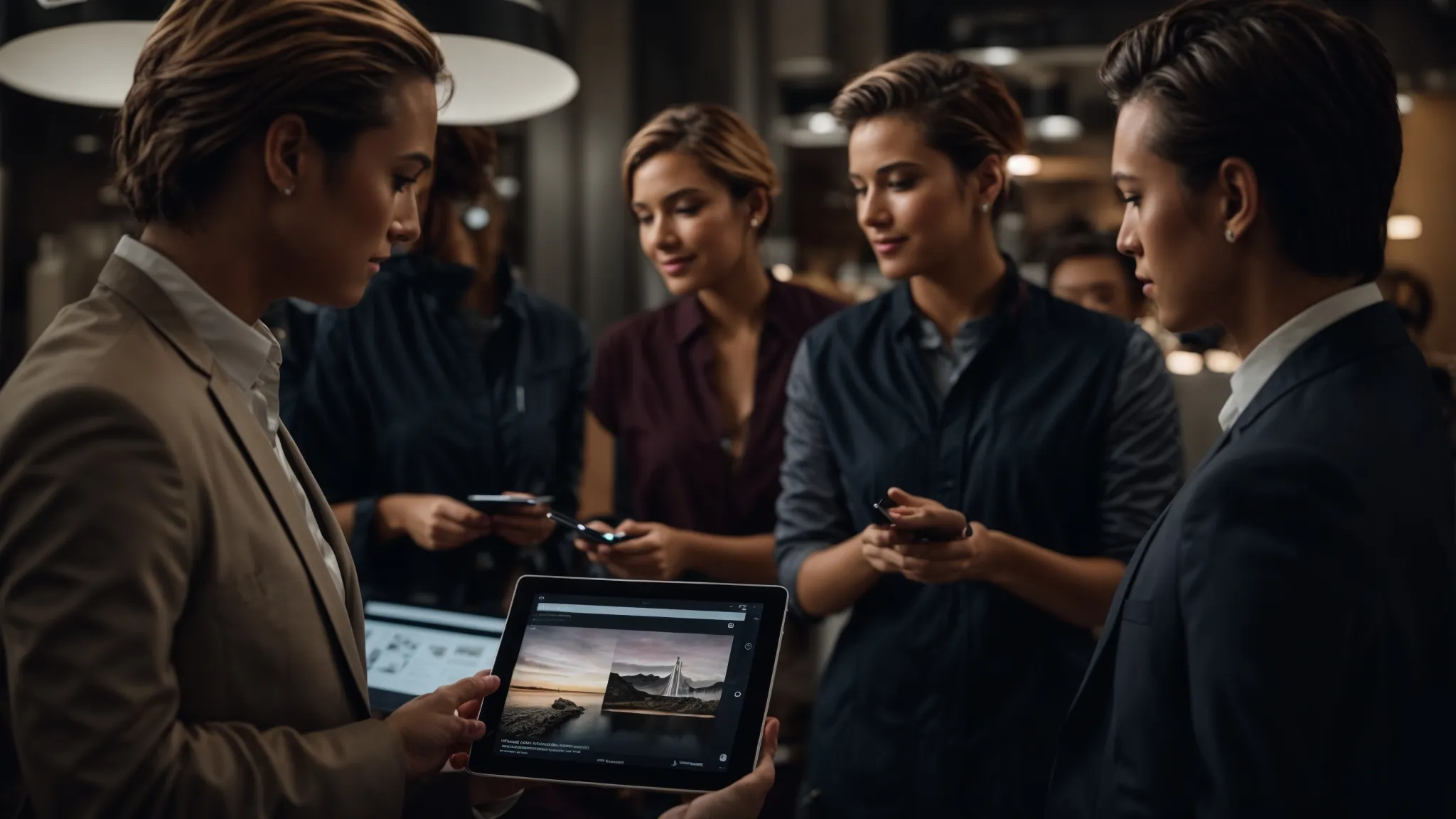 a group of professionals gathered around a digital tablet where one person is showcasing to others a glowing customer review on their company website.