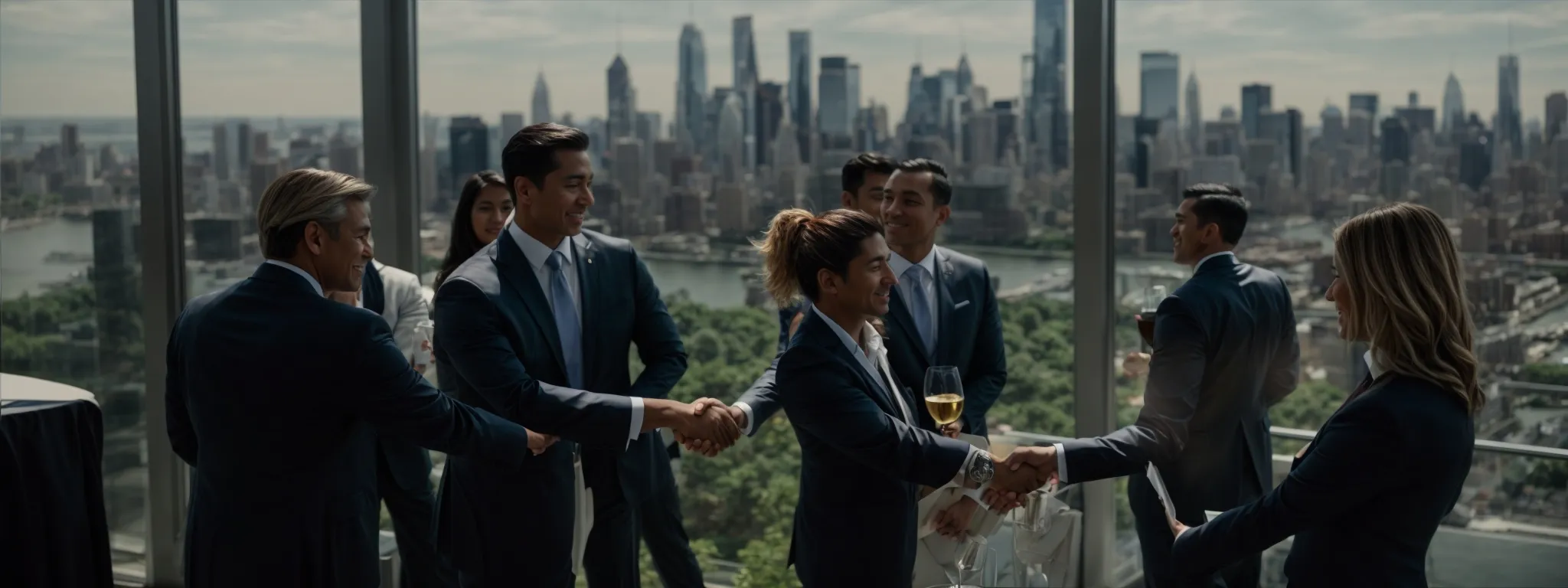 business professionals shake hands at a networking event against the backdrop of the new jersey skyline.