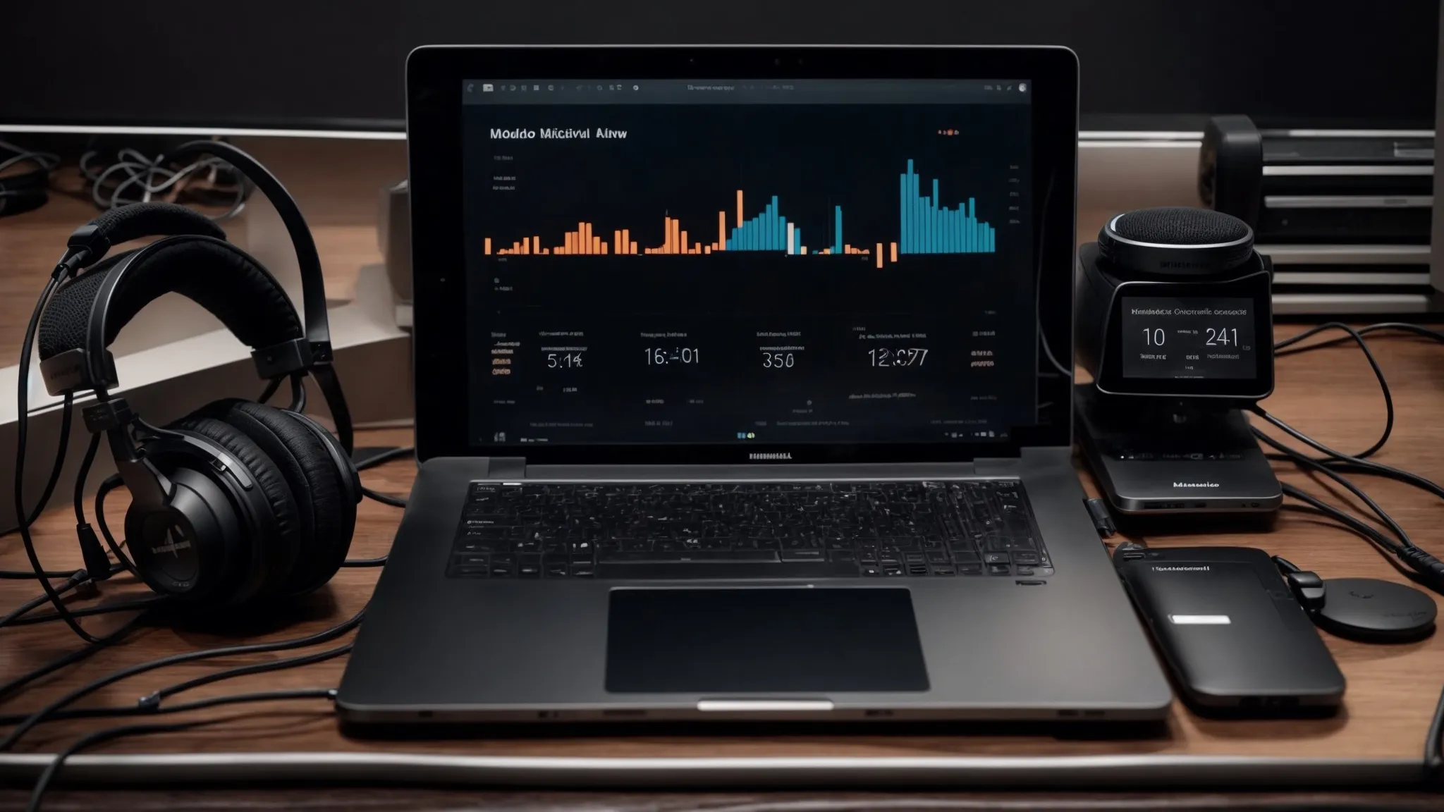 a microphone surrounded by headphones and a laptop displaying an analytics dashboard on its screen.
