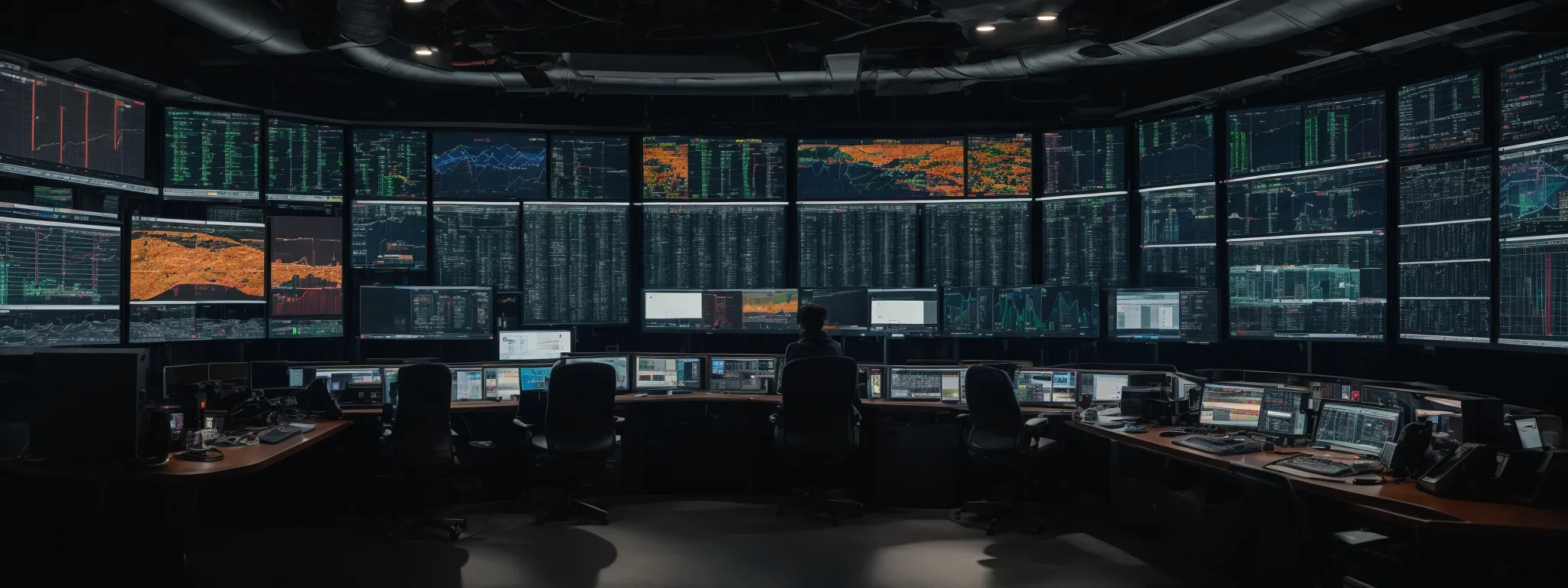 a high-tech control room with multiple screens displaying website analytics and performance metrics.