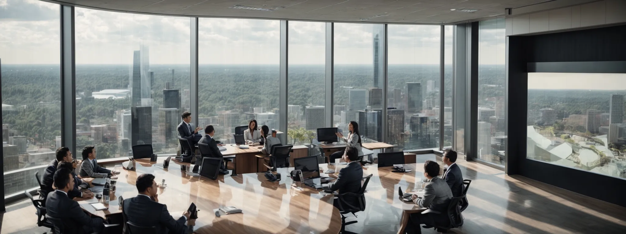 a professional meeting in a high-rise office with views of raleigh cityscape, discussing strategy over a digital screen displaying analytics.