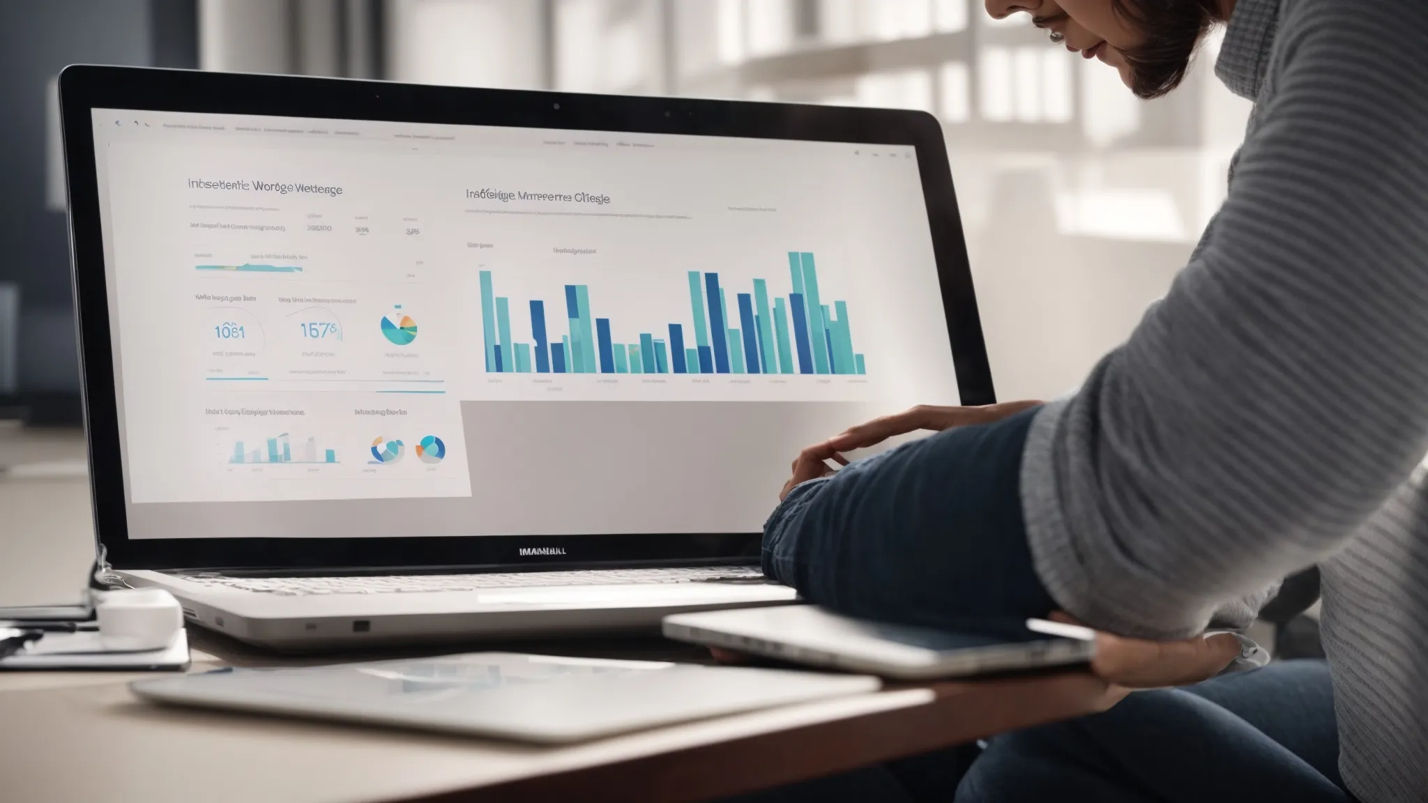 a marketer examines a laptop screen showing rising analytics graphs that illustrate the shifting trends in internet marketing strategies due to the influence of google's search plus your world.