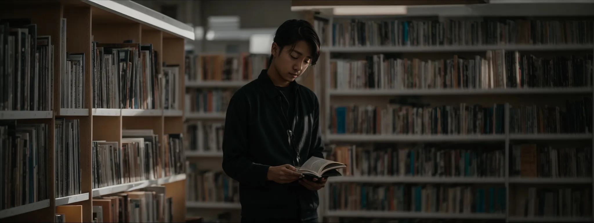 a person intently reading an open book nestled among the quiet shelves of a sunlit library.