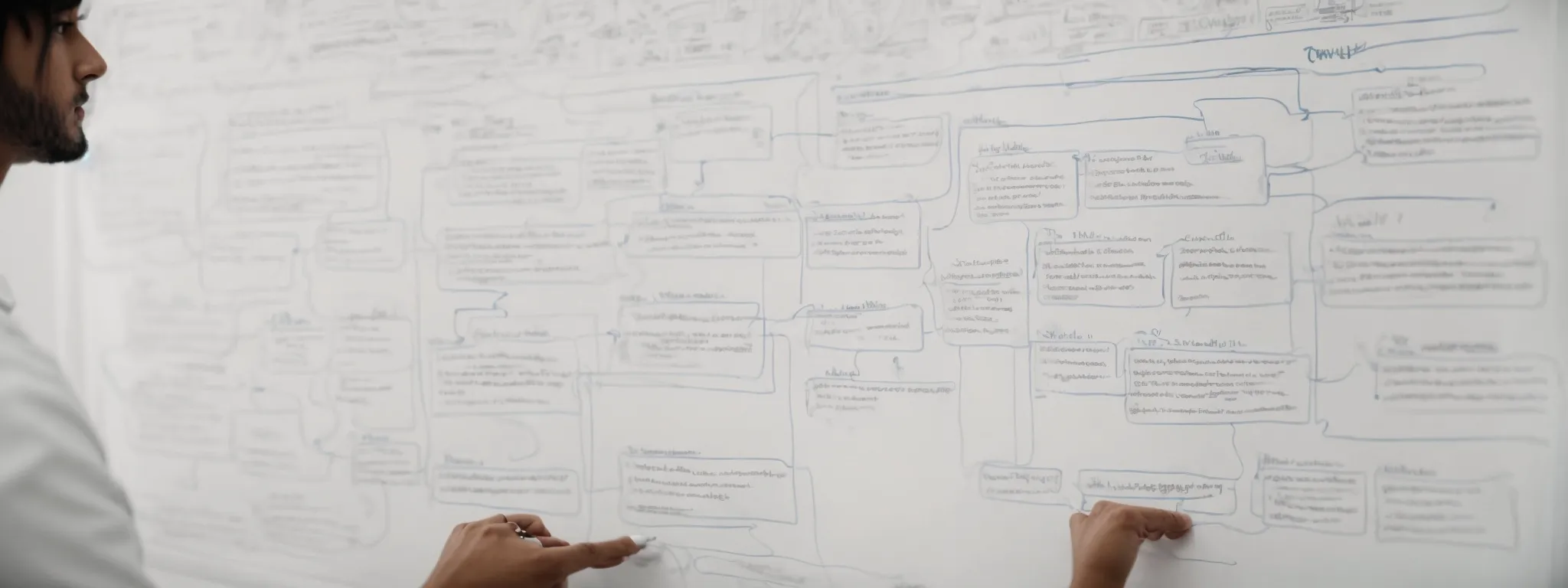 a web designer sketches a flowchart on a whiteboard outlining a website's structure with clear categories and navigation paths.