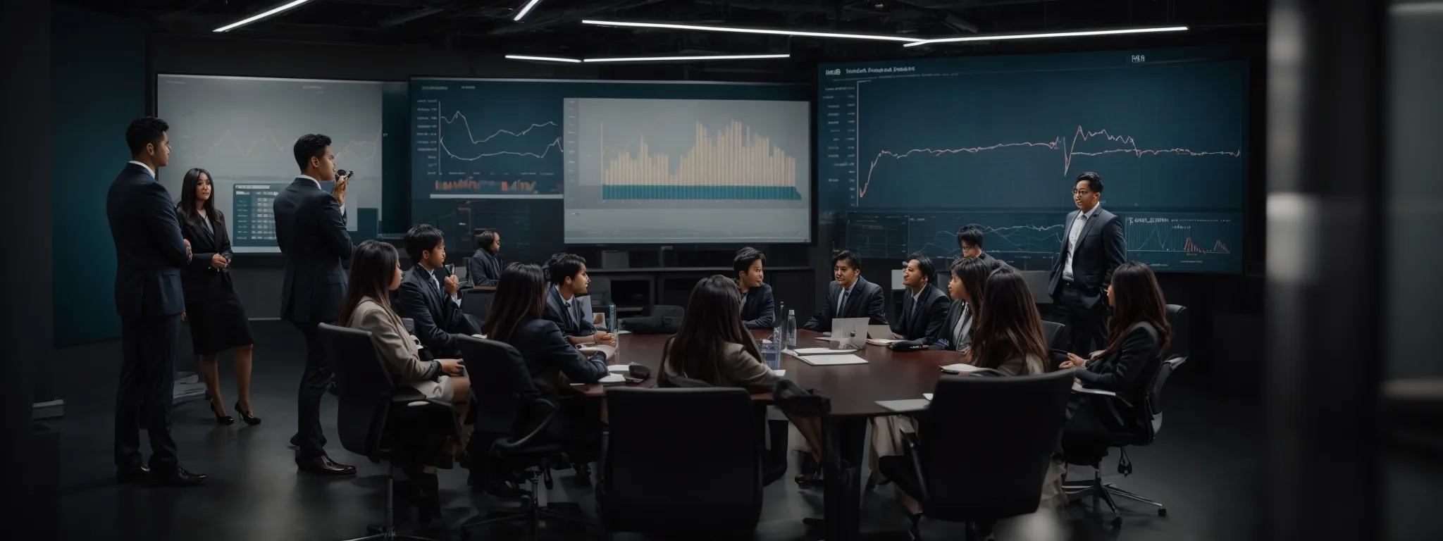 a meeting room with a large screen displaying graphs while a diverse team engages in a collaborative discussion.