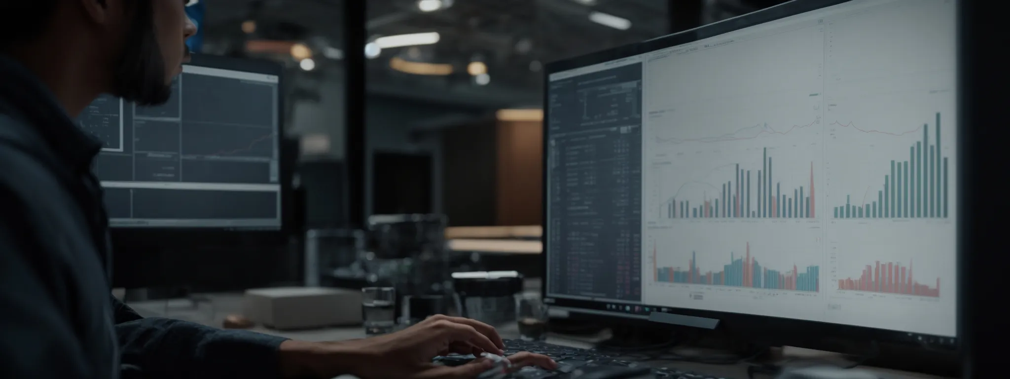 a focused individual analyzes charts and graphs on a computer screen, indicative of seo performance metrics.