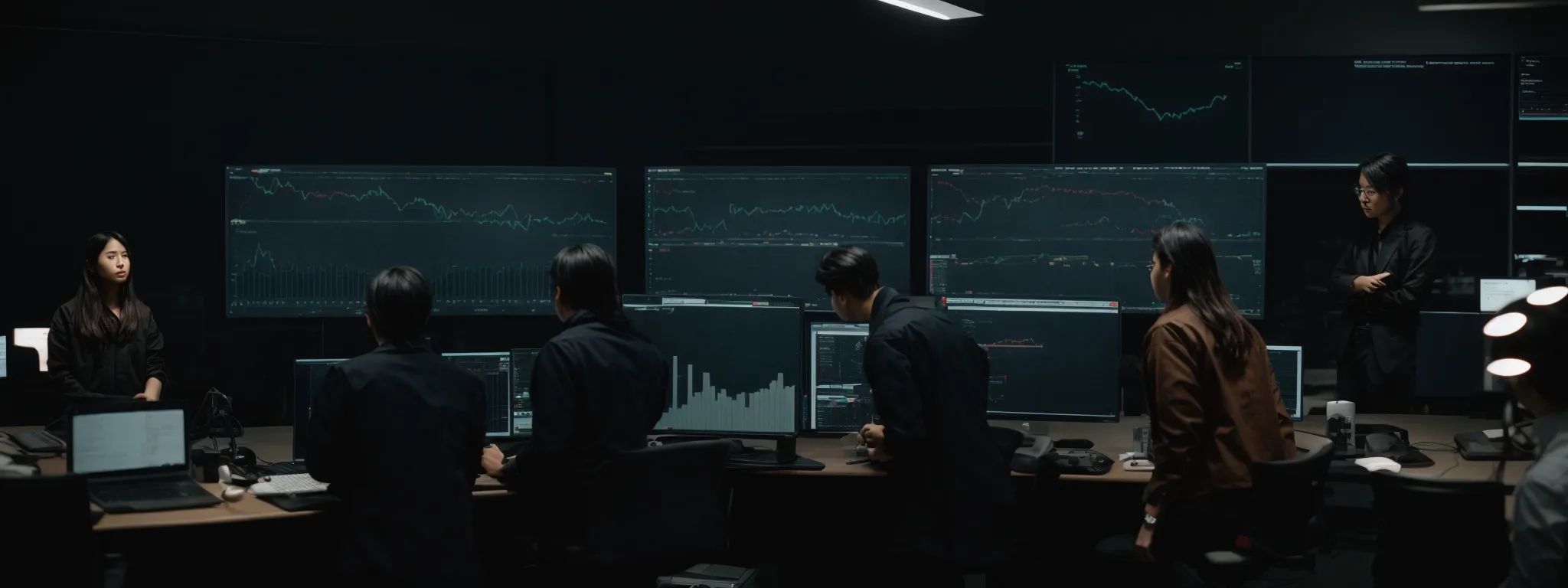 a group of professionals around a large computer screen analyzing graphs and metrics.