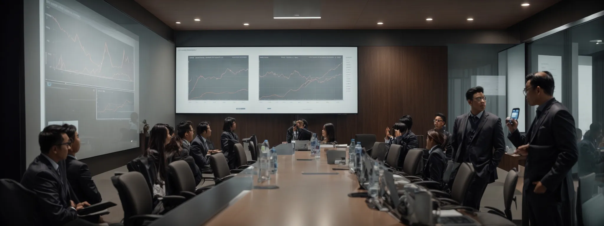 a conference room with a large screen displaying graphs and a lecturer pointing to the digital marketing trends.
