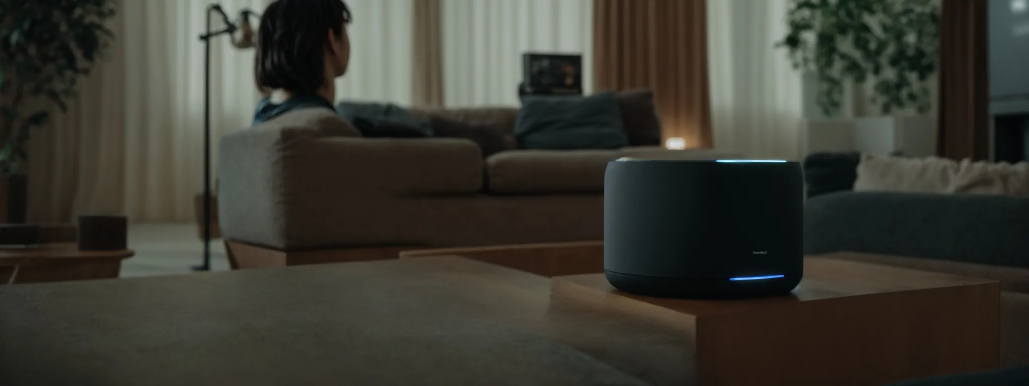 a person interacting with a smart speaker in a cozy living room.