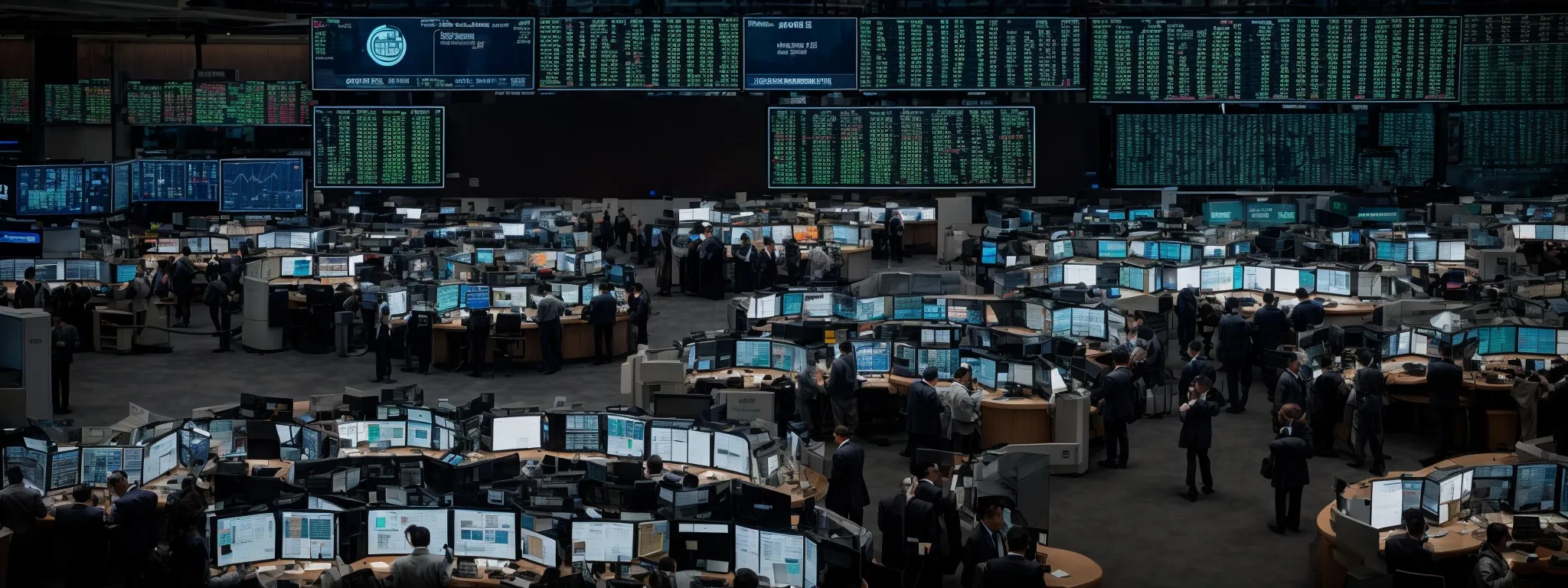a bustling stock market trading floor where screens display dynamic updates across different platforms.