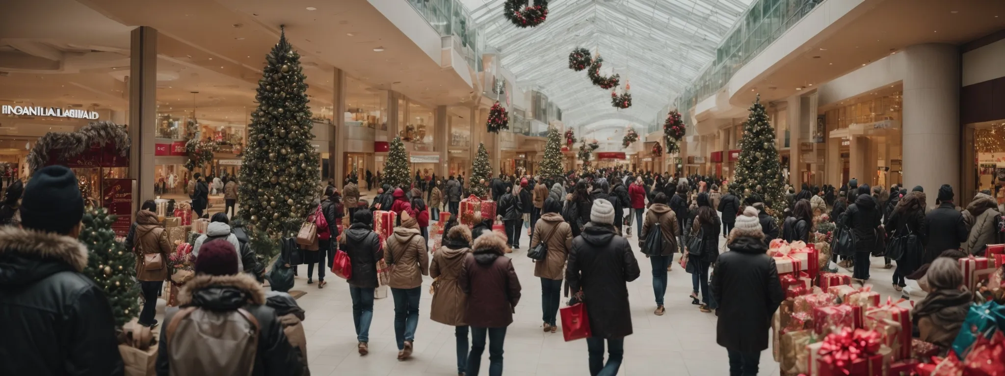 a bustling mall decked with holiday decorations and shoppers carrying bags filled with gifts.