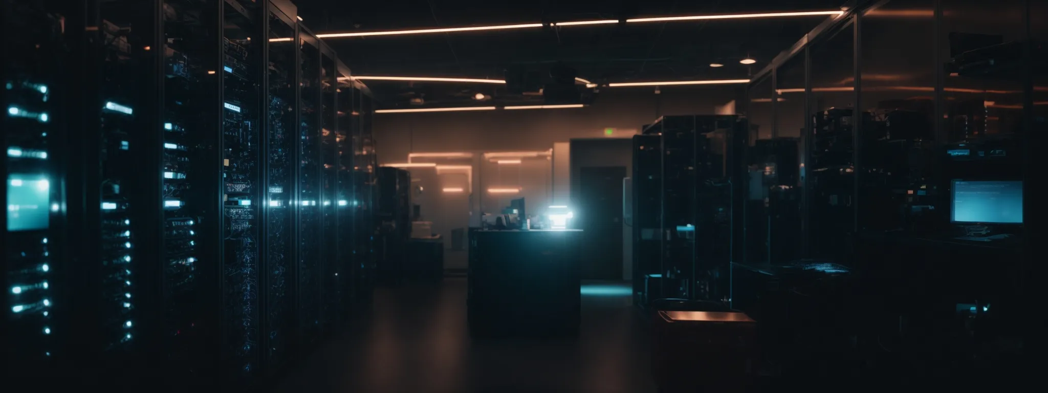 a server room with glowing lights representing data management and a magnifying glass over a webpage symbolizing search optimization.