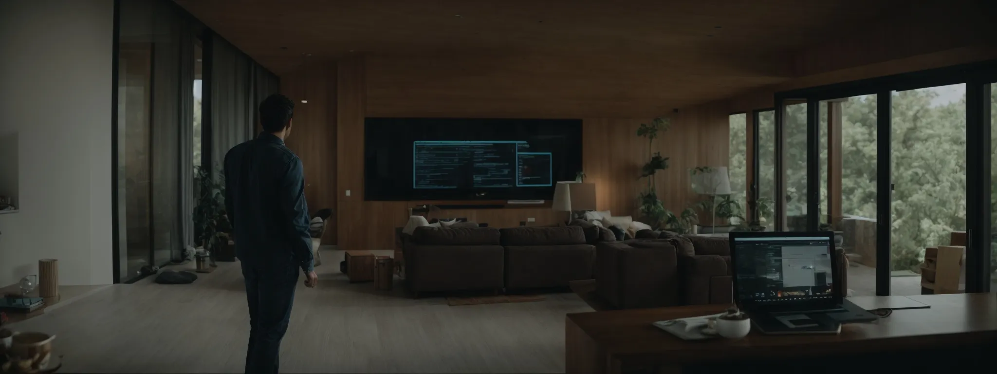 a person standing in a home's open-concept living space with a laptop, analyzing a website's performance metrics on the screen.