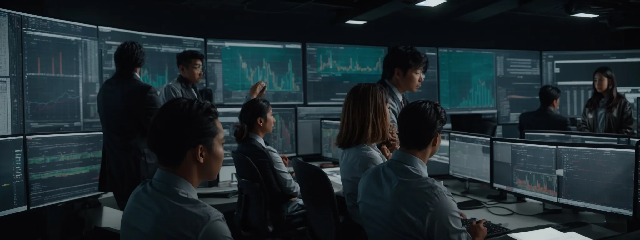 a diverse group of professionals collaboratively analyzing data on large screens in a high-tech digital marketing control room.