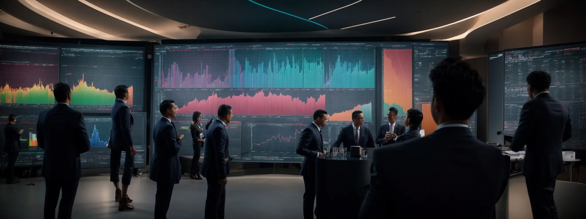 a group of professionals is gathered around a large digital screen analyzing colorful graphs that depict investment strategies.