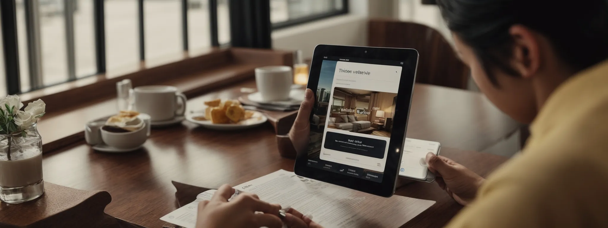 a traveler browsing a user-friendly hotel booking website on a tablet with a clear, inviting 