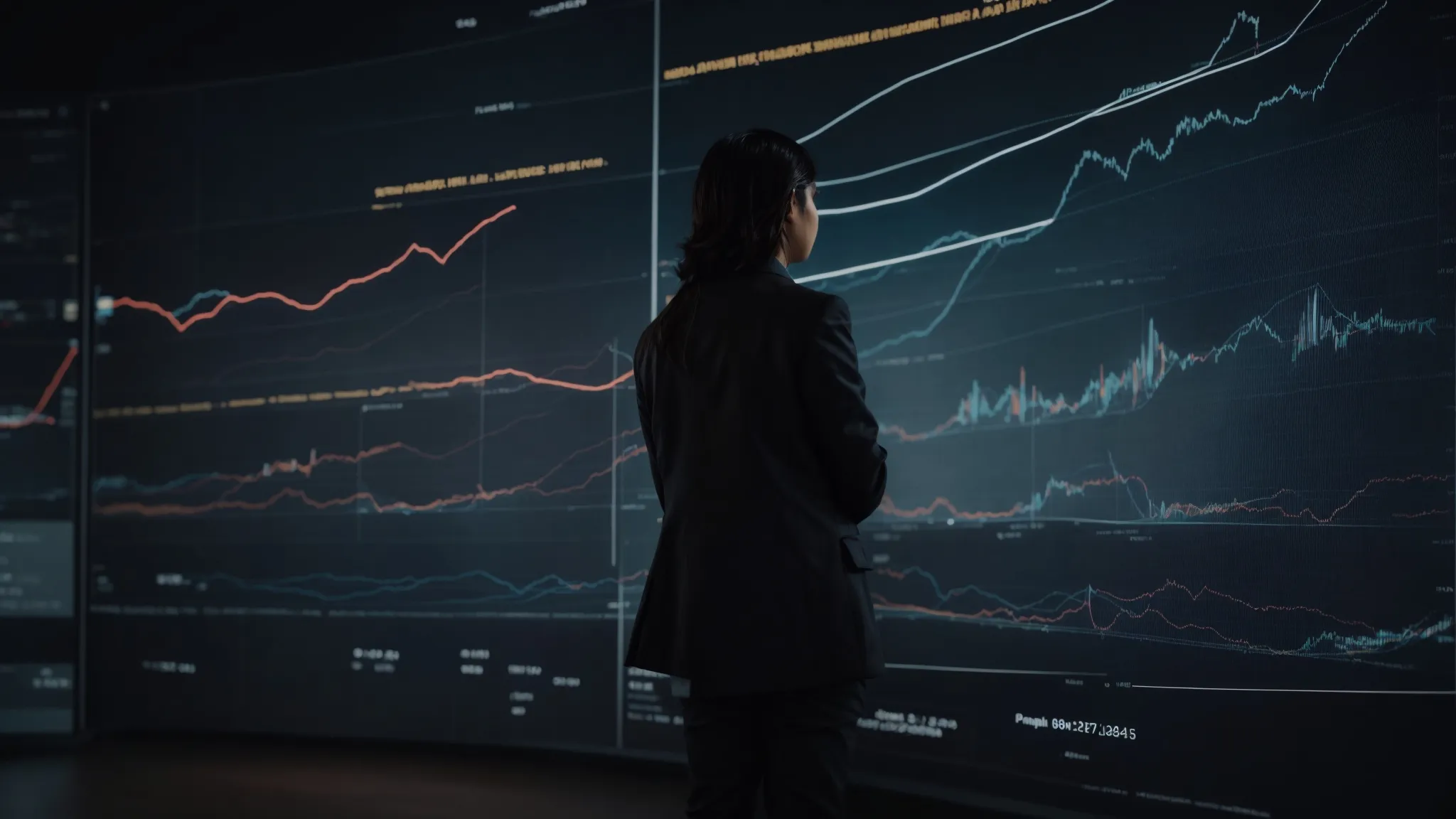 a person analyzing graphs on a large screen, reflecting a strategic approach in digital marketing.