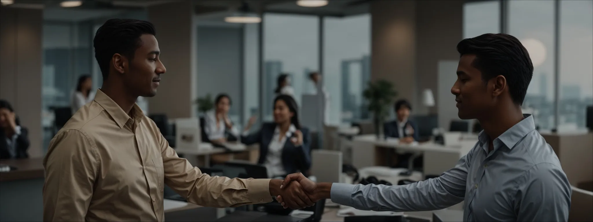 two professionals shaking hands in a modern office setting, symbolizing a successful interview agreement.