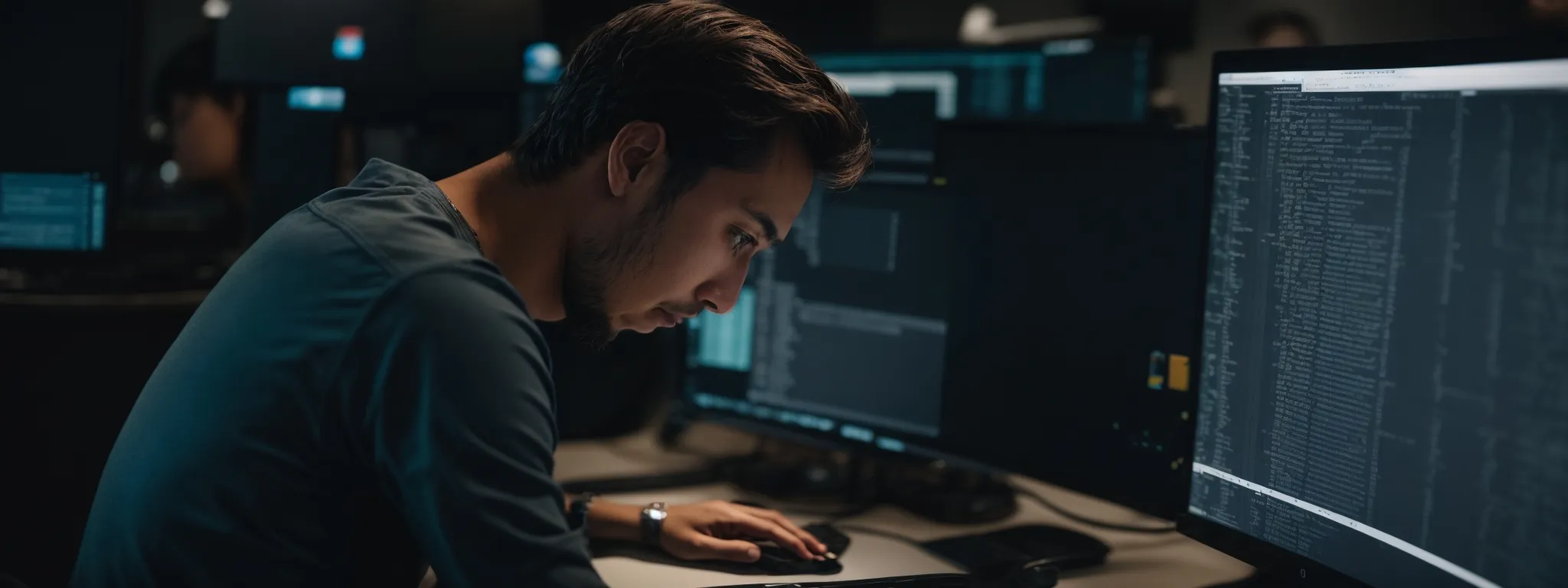 a web developer intently scrutinizes code on a computer screen while configuring a sleek, modern interface for a single-page application.
