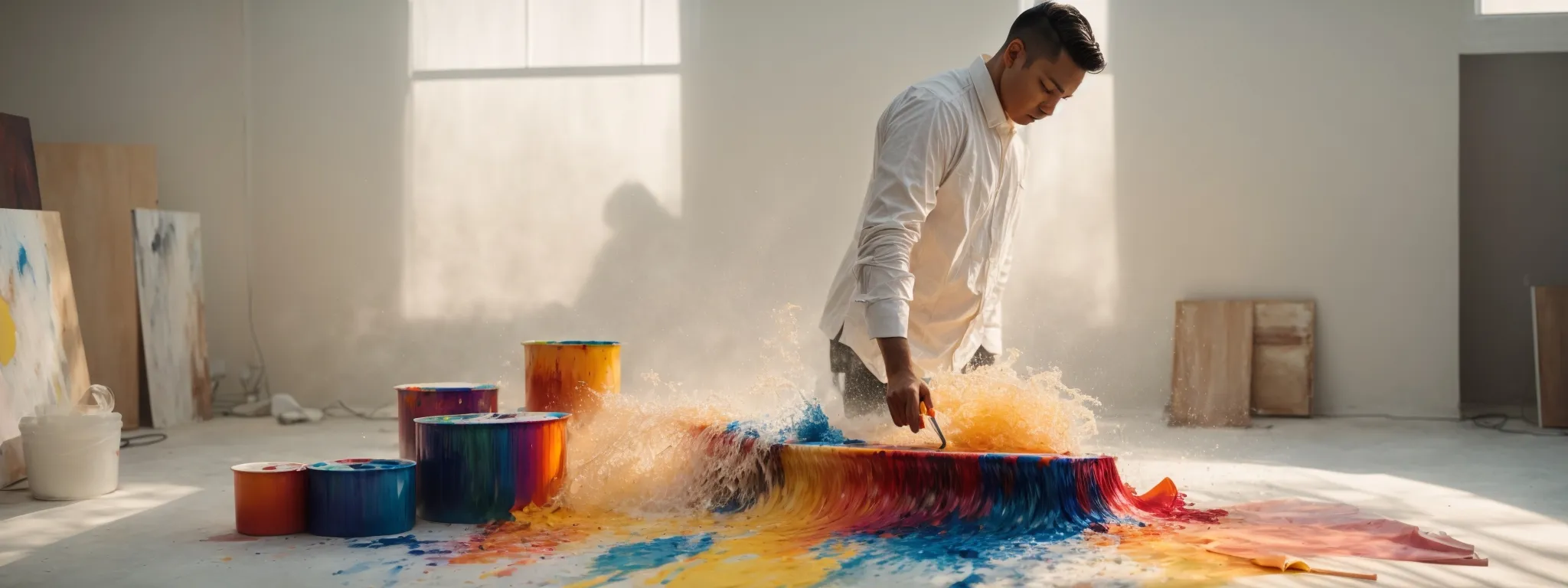 a striking photo of an artist splashing vibrant paint onto a blank canvas in a bright, sunlit studio.