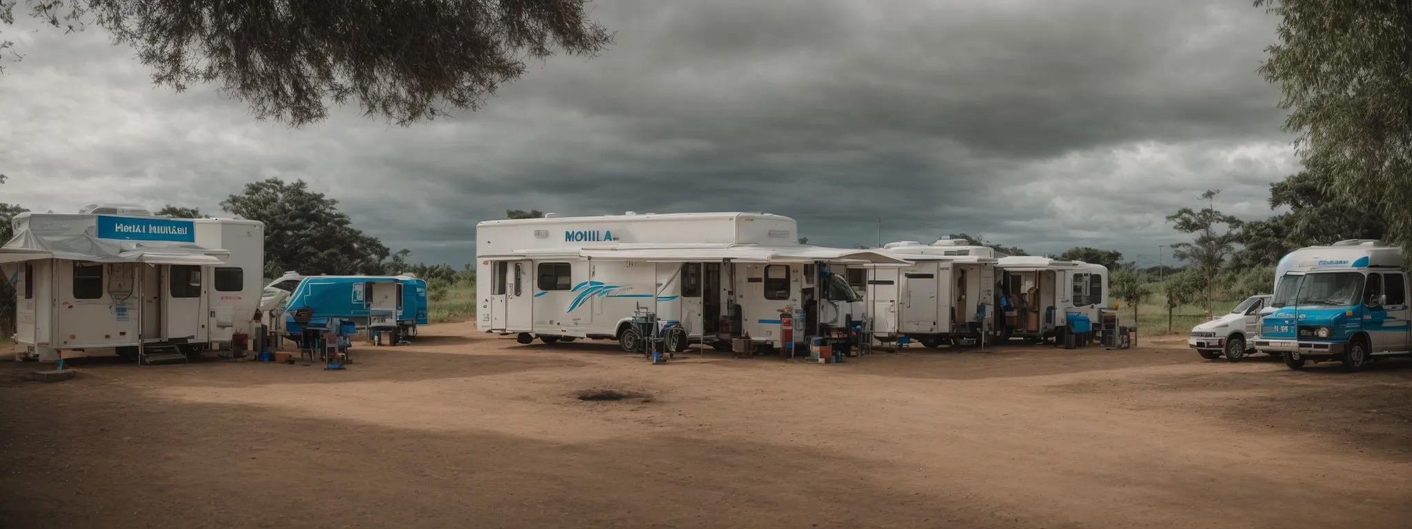 a mobile health clinic parks amidst a rural village, offering medical services to residents.