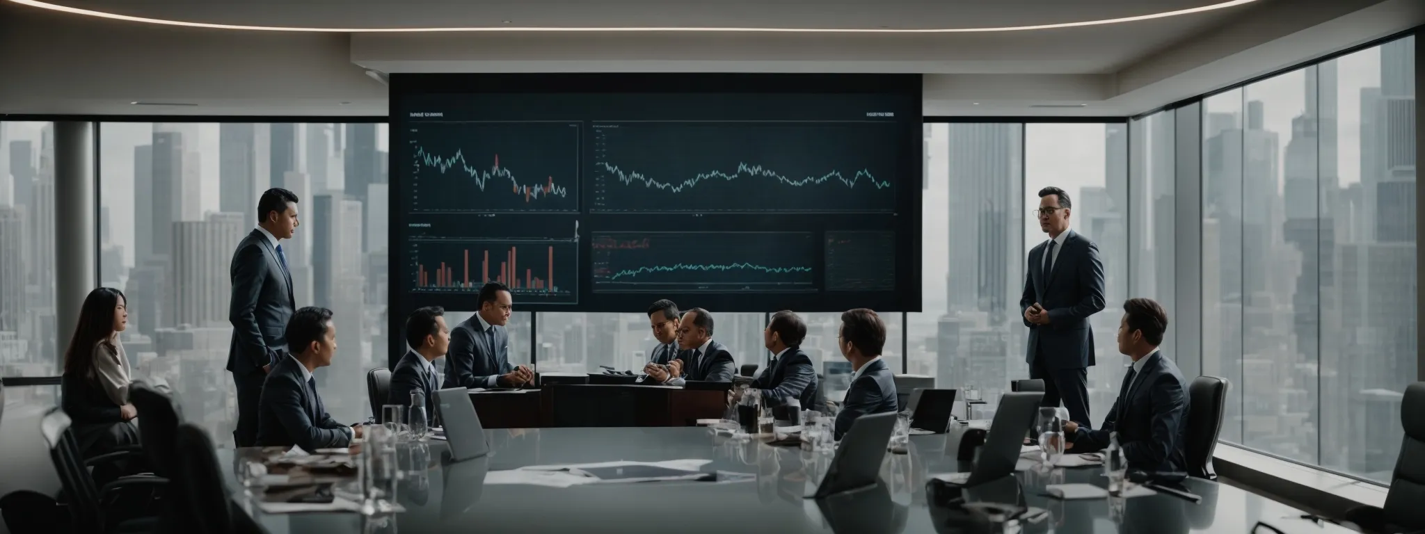 a boardroom with executives discussing around a large screen displaying graphs and charts.