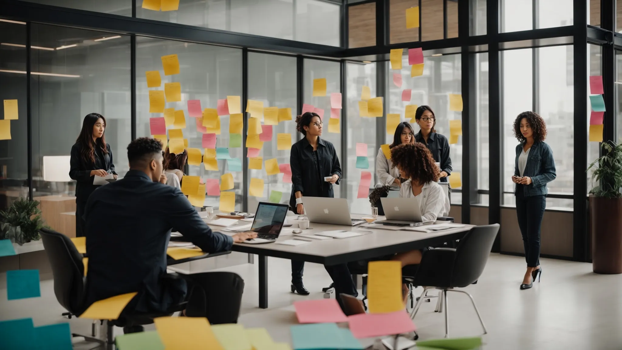 a team collaboratively brainstorming around a minimalist workspace with sleek laptops and vibrant sticky notes on a glass wall.