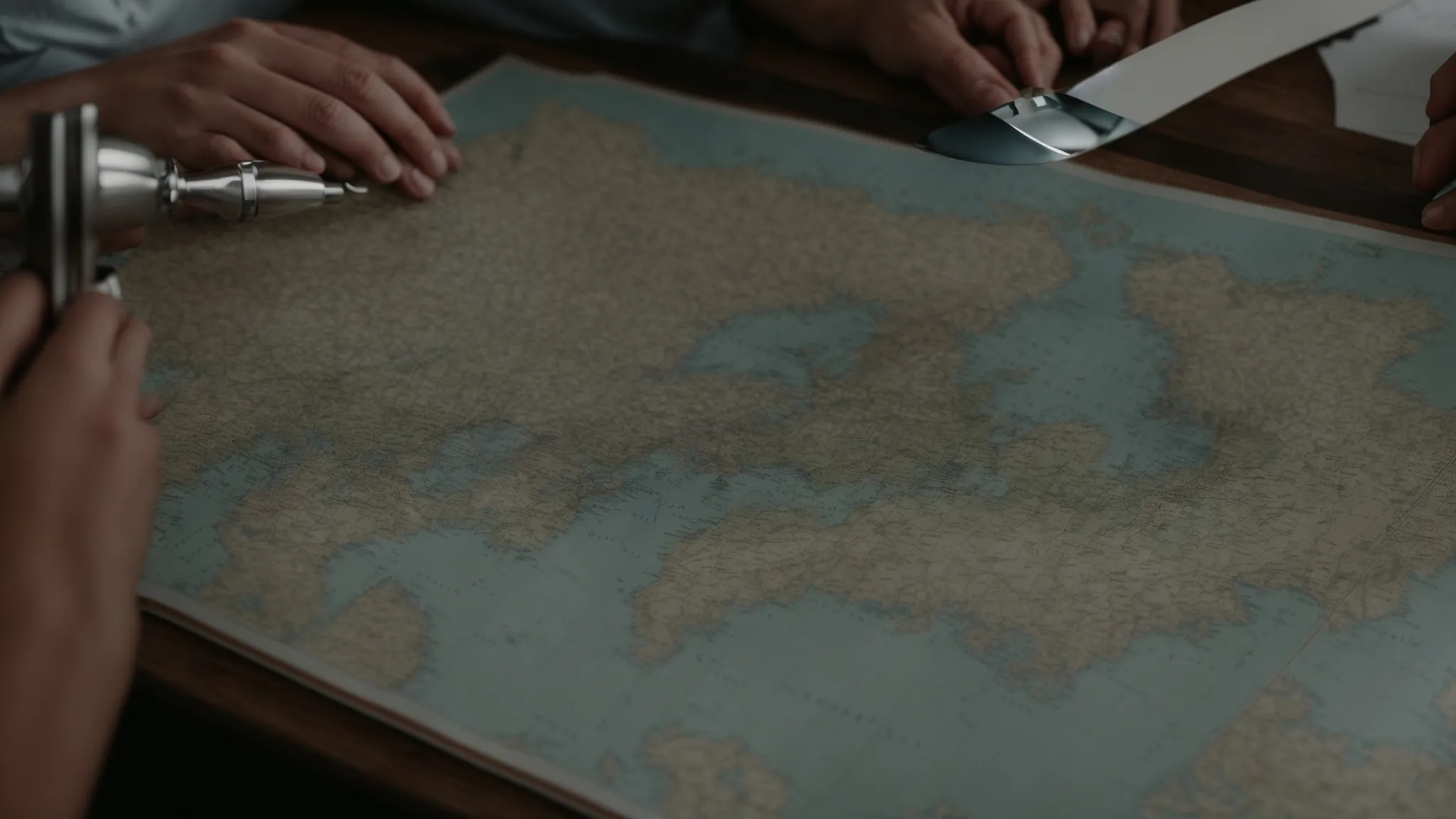two people sitting at a table with one showing a general map and the other holding a magnifying glass over a specific area.