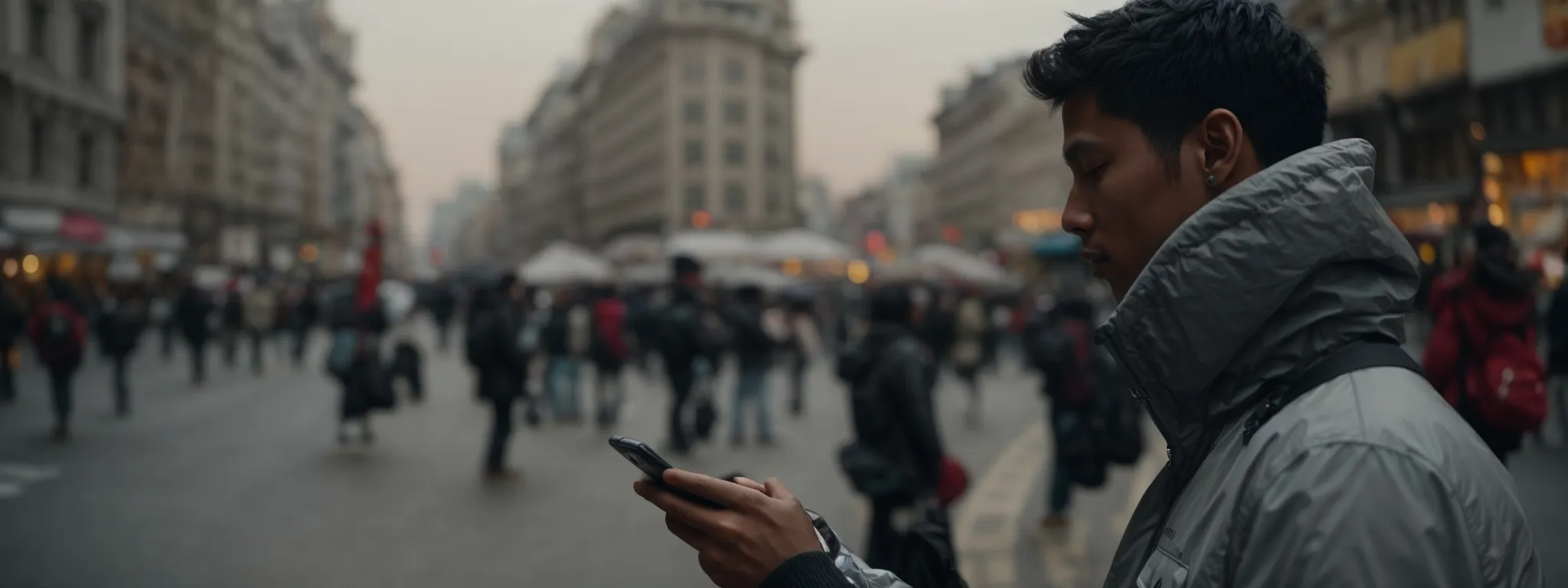 a person typing a message on a smartphone in a busy city street.