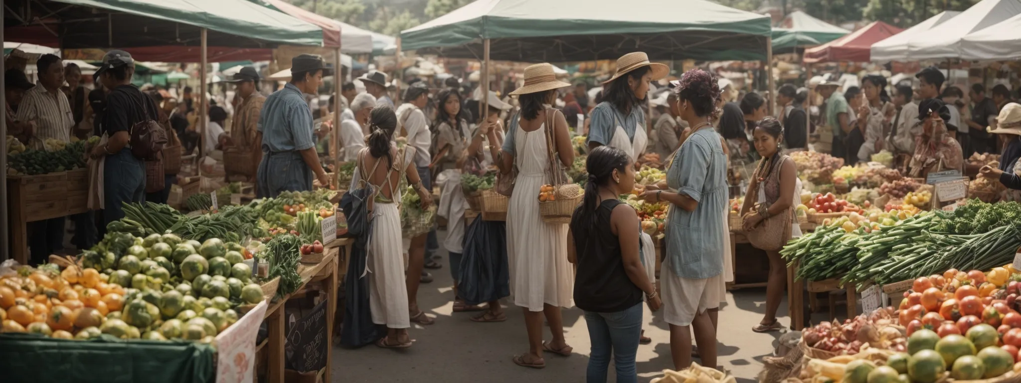 a local farmer's market bustling with community members interacting with vendors against a backdrop of fresh produce and handmade goods.