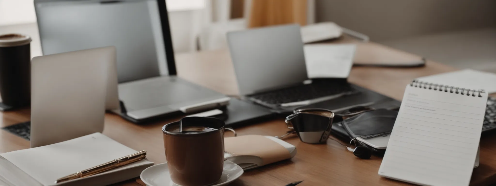 a laptop, a notepad, and a cup of coffee on a desk symbolize seo work for increasing site authority through backlinks.