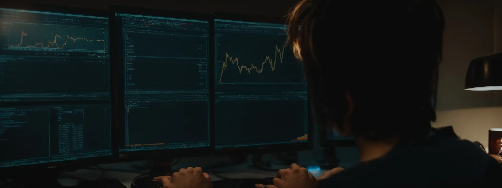 a webmaster intently examining intricate analytics charts on a computer monitor, reflecting a thorough seo audit in progress.