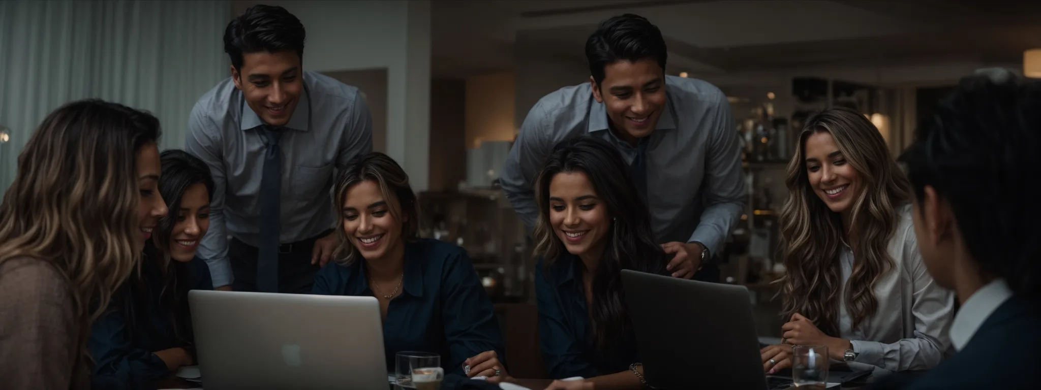 a group of smiling professionals celebrating around a laptop with a five-star rating displayed on the screen.