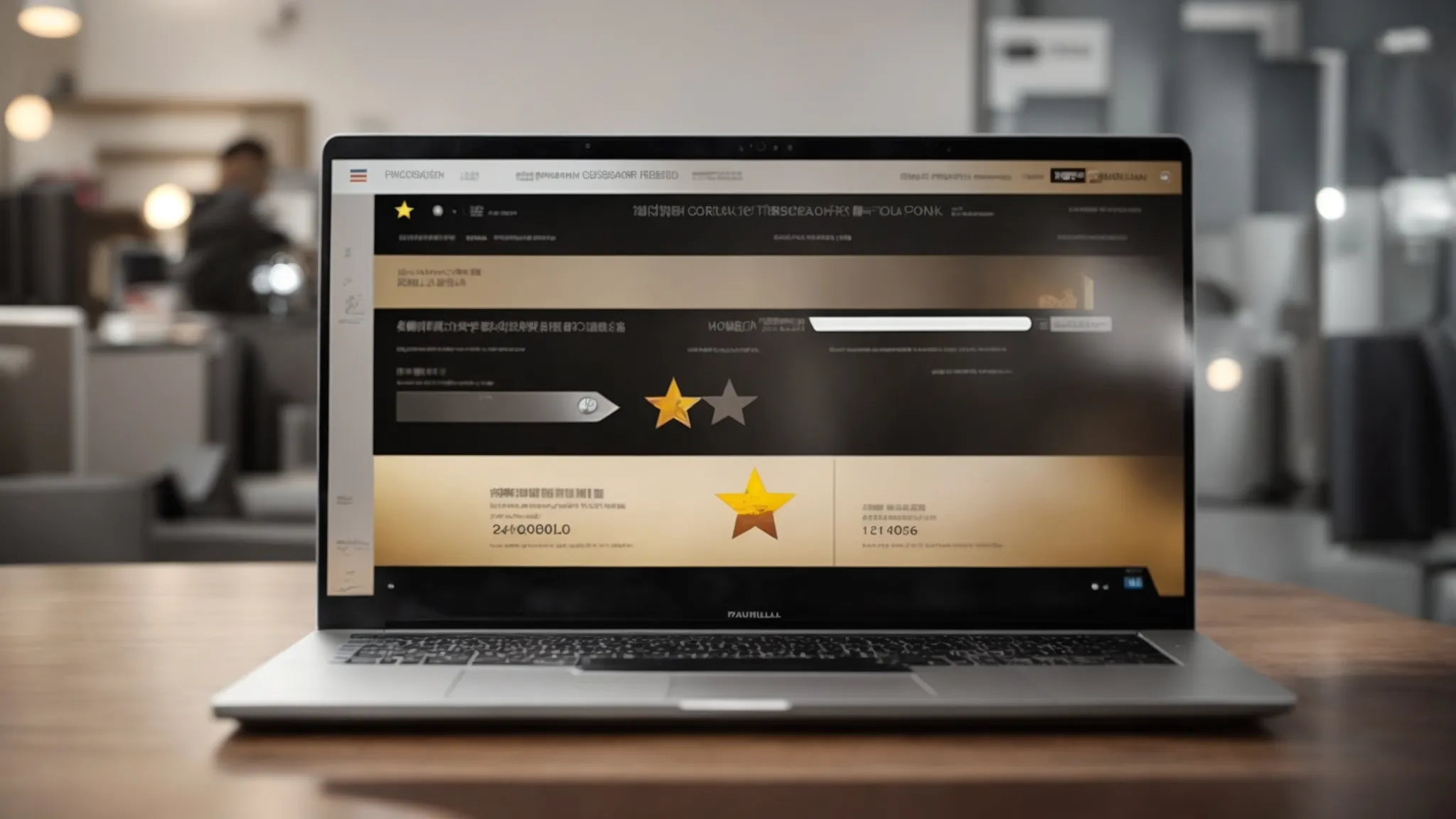 a laptop displaying a five-star rating on a customer feedback website, with a person clicking a mouse.