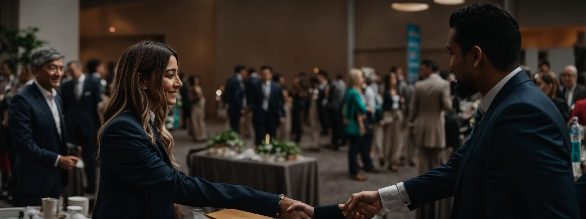 a person shaking hands with a new client at a bustling industry event.