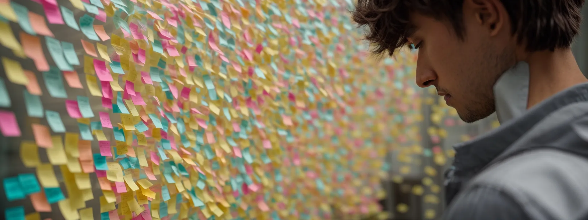 a focused individual examining a dense cluster of colorful sticky notes on a glass wall, representing various keyword ideas and strategies.
