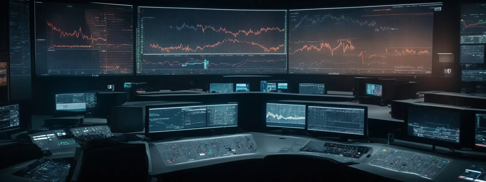 a futuristic control room with screens displaying data analytics and graphs indicating search engine performance trends.