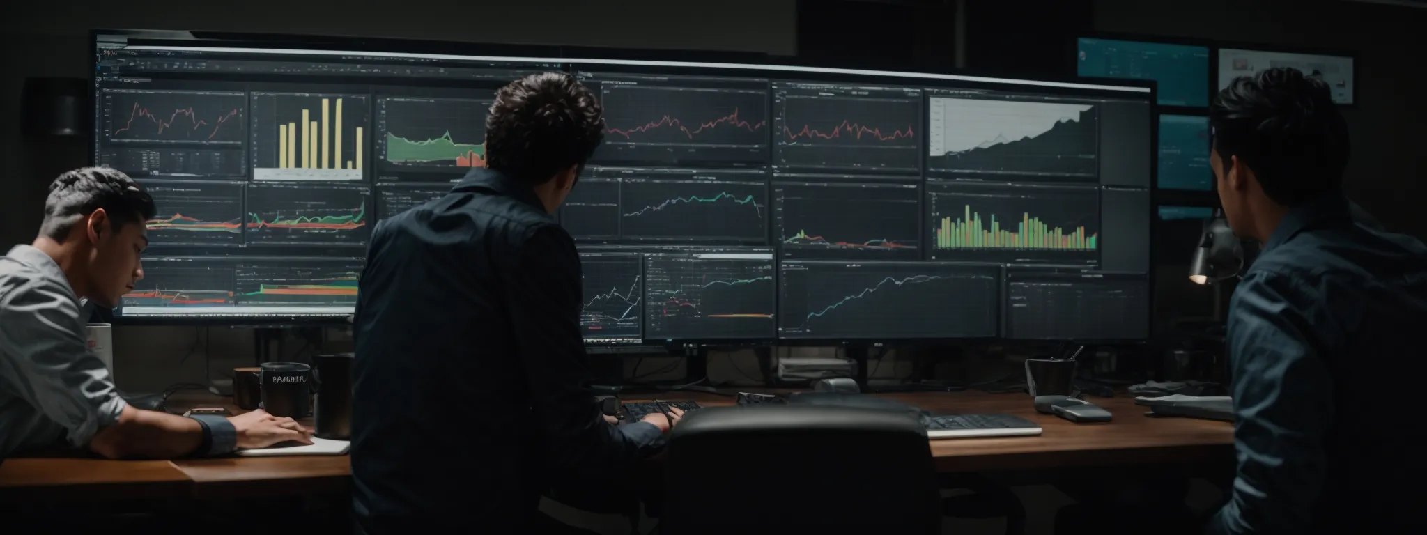 a marketing team scrutinizes a comprehensive analytics dashboard on a computer screen, strategizing their next seo move.