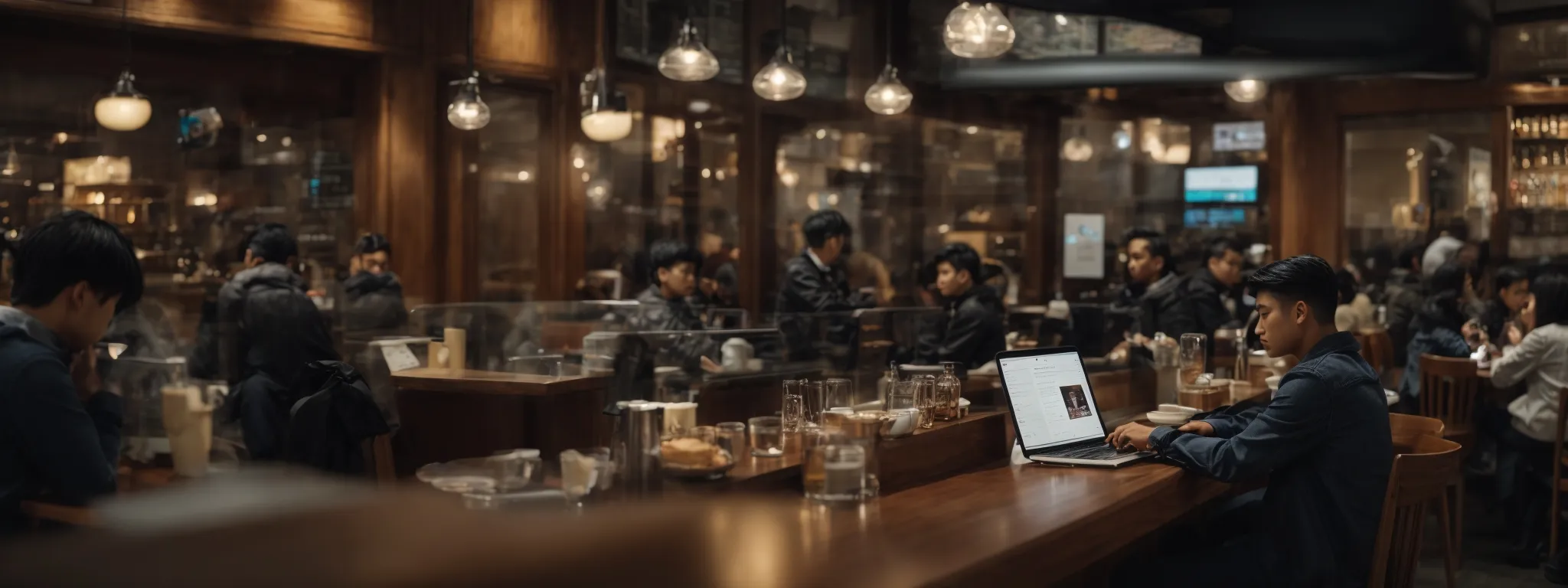 a person sits in a bustling café, intently studying a laptop screen with various social media analytics, while others around casually engage with their smartphones.