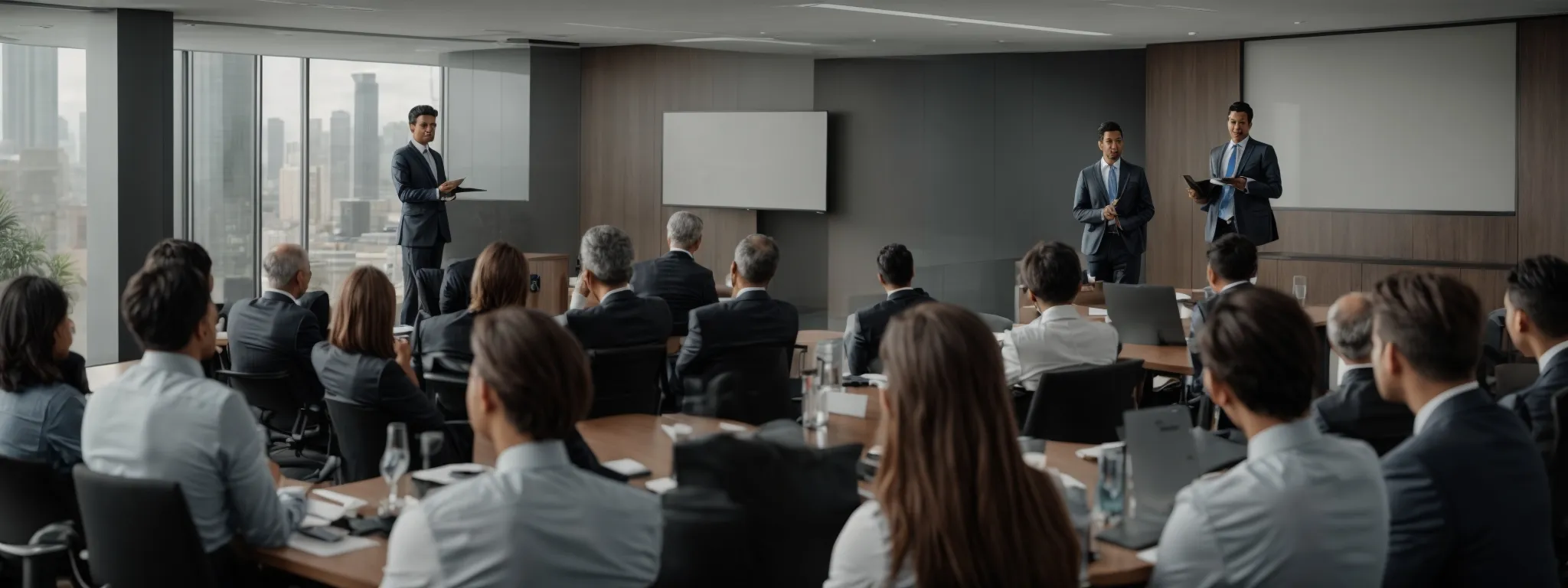 a professional giving a presentation to a group of focused executives in a modern conference room.