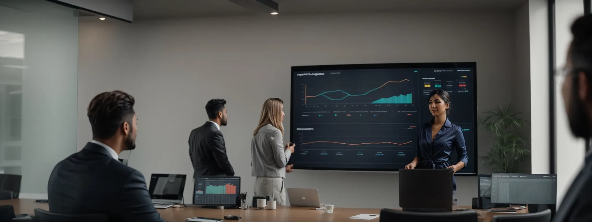 a confident marketing team leader presenting a digital analytics dashboard on a screen to prospective clients in a modern boardroom.