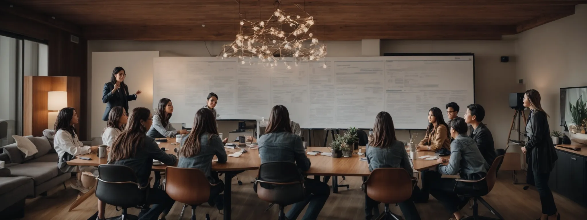 a digital marketing team gathered around a conference table, strategizing over a large flowchart that outlines their integrated content marketing and seo plan.