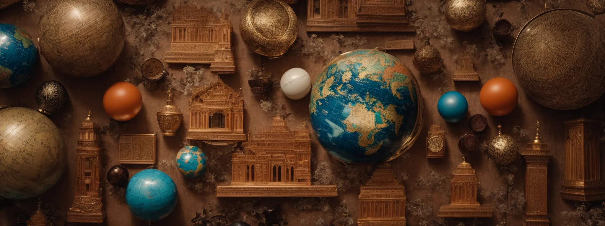 a globe surrounded by diverse cultural symbols illustrates the global reach of seo.