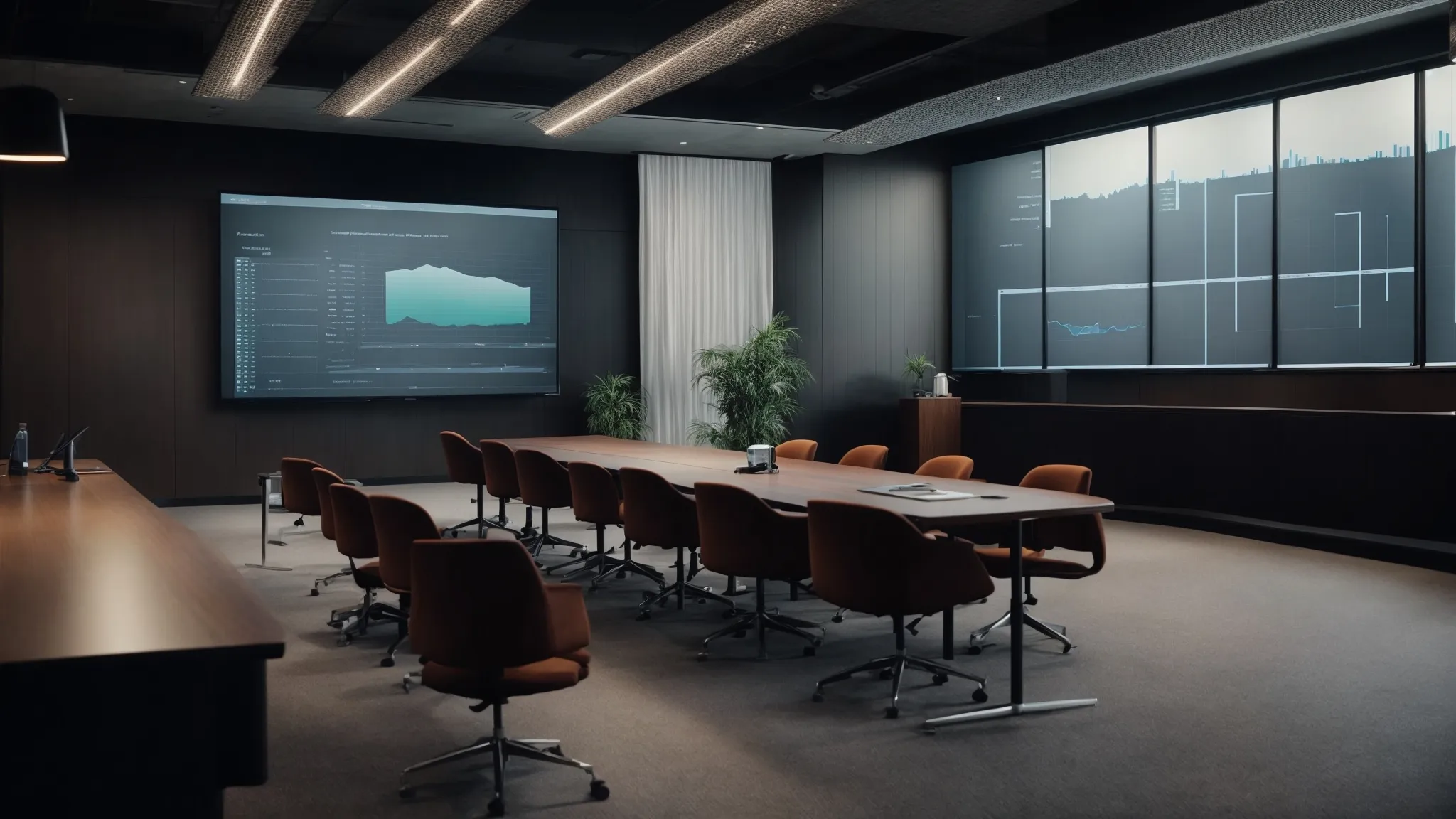 a professional meeting room with a large screen displaying graphs and charts during a software presentation.