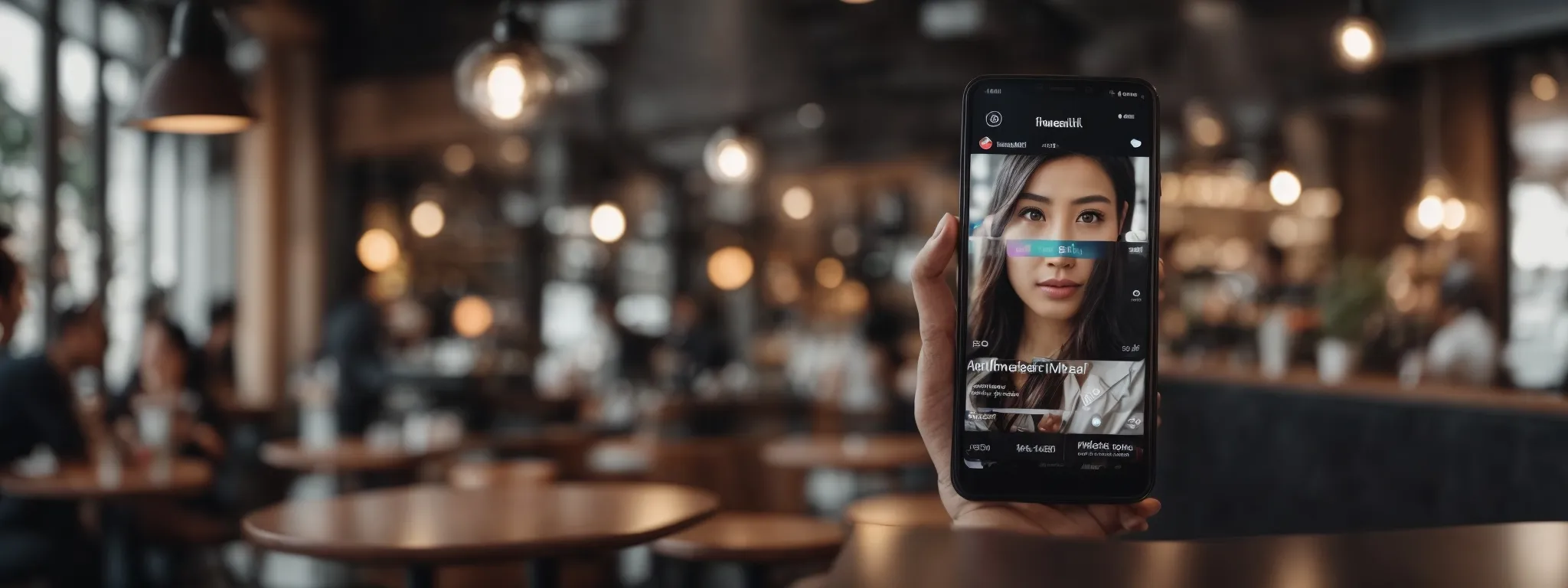 a smartphone displaying a social media influencer's profile with visible metrics is held against a blurred background of a bustling café where potential brand partnerships might converge.