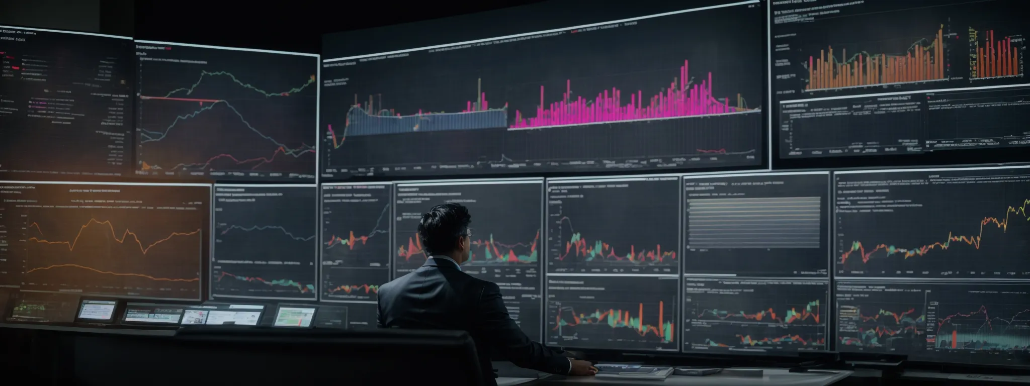 an executive observes complex data visualizations on a large screen, interacting with vibrant graphs and dashboards powered by power bi.
